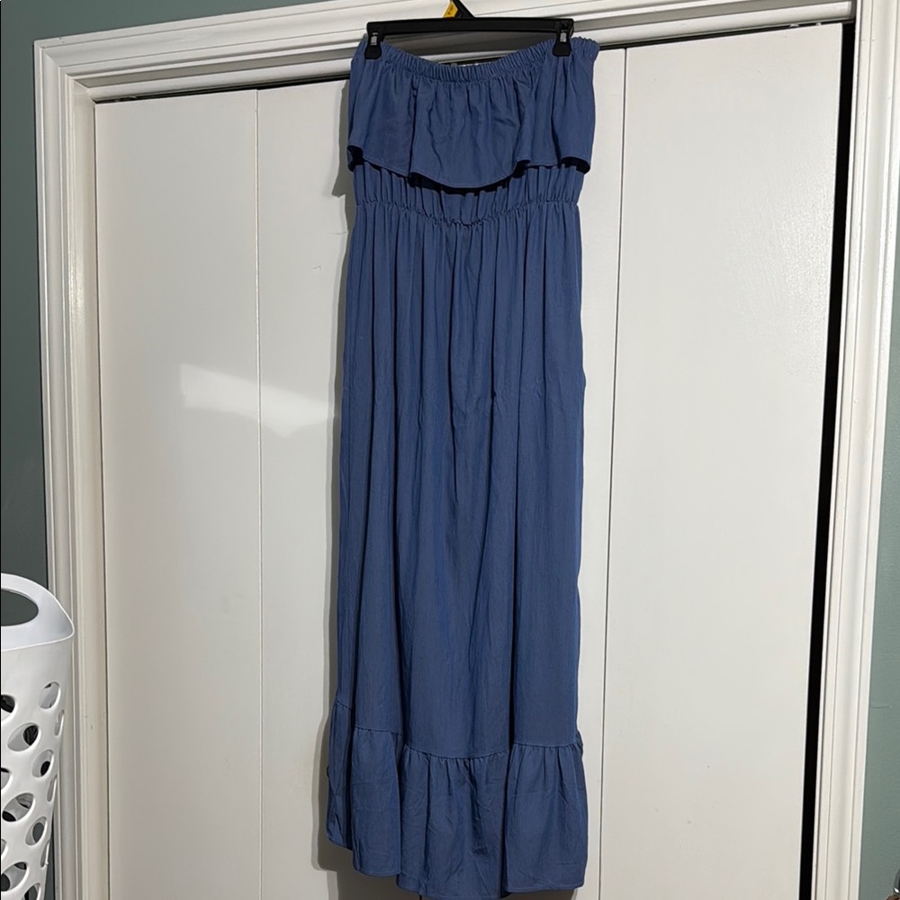 L&B Strapless Ruffle Maxi Dress in Dusty Blue